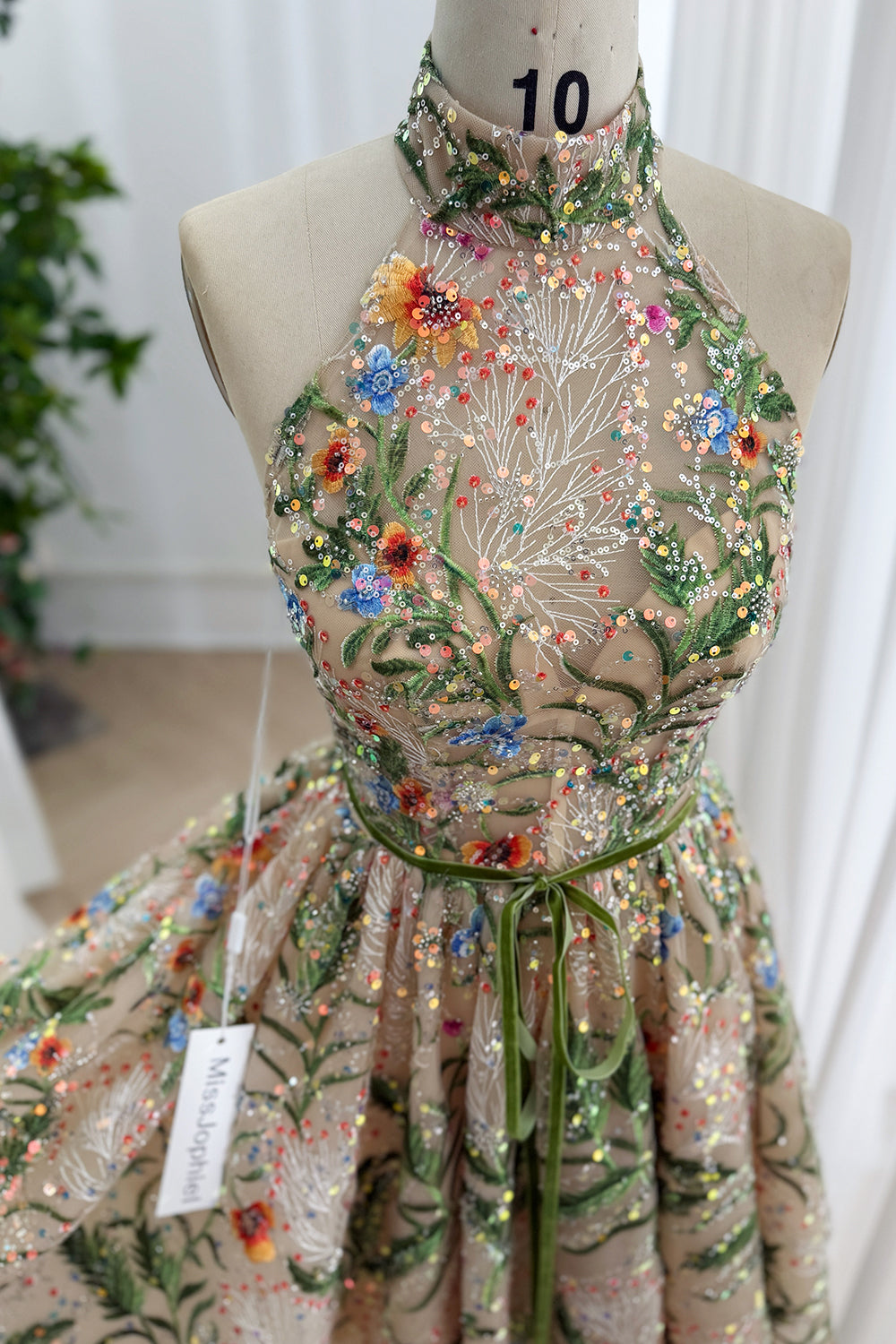 Garden Embroidered Sequin Tulle Short Dress with Lace-Up Back