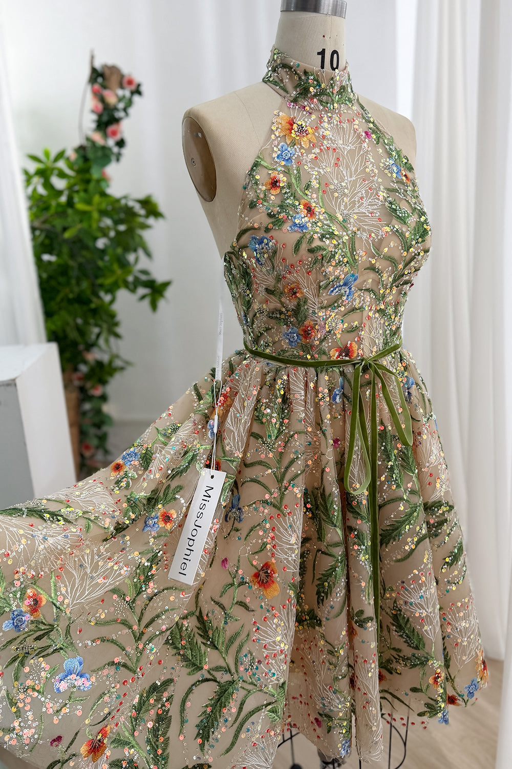 Garden Embroidered Sequin Tulle Short Dress with Lace-Up Back