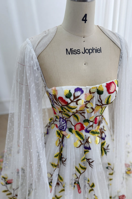 MissJophiel Colorful Floral Embroidery Wedding Dress with Cape