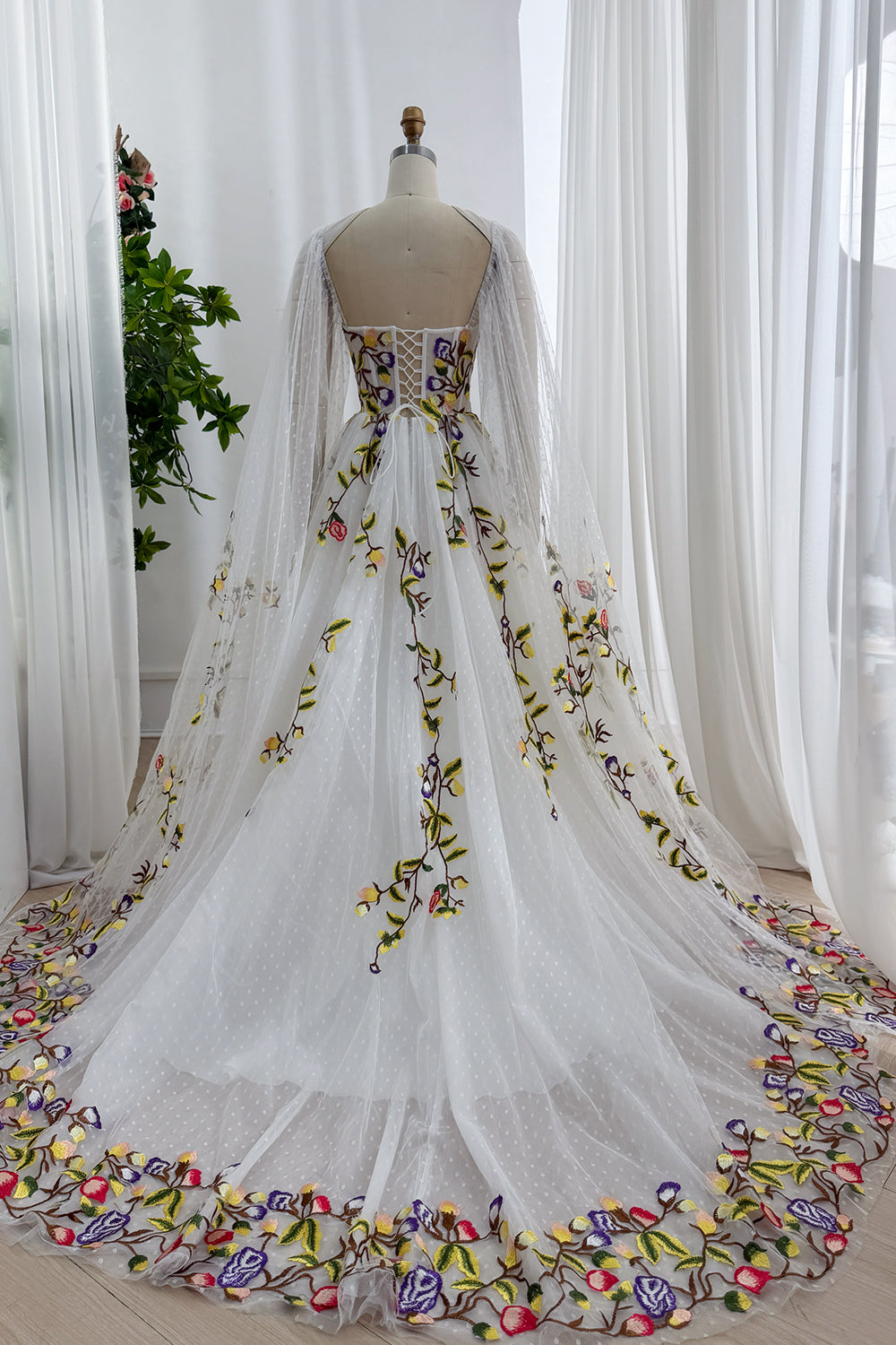 Corset Colorful Floral Embroidery Wedding Dress with Cape