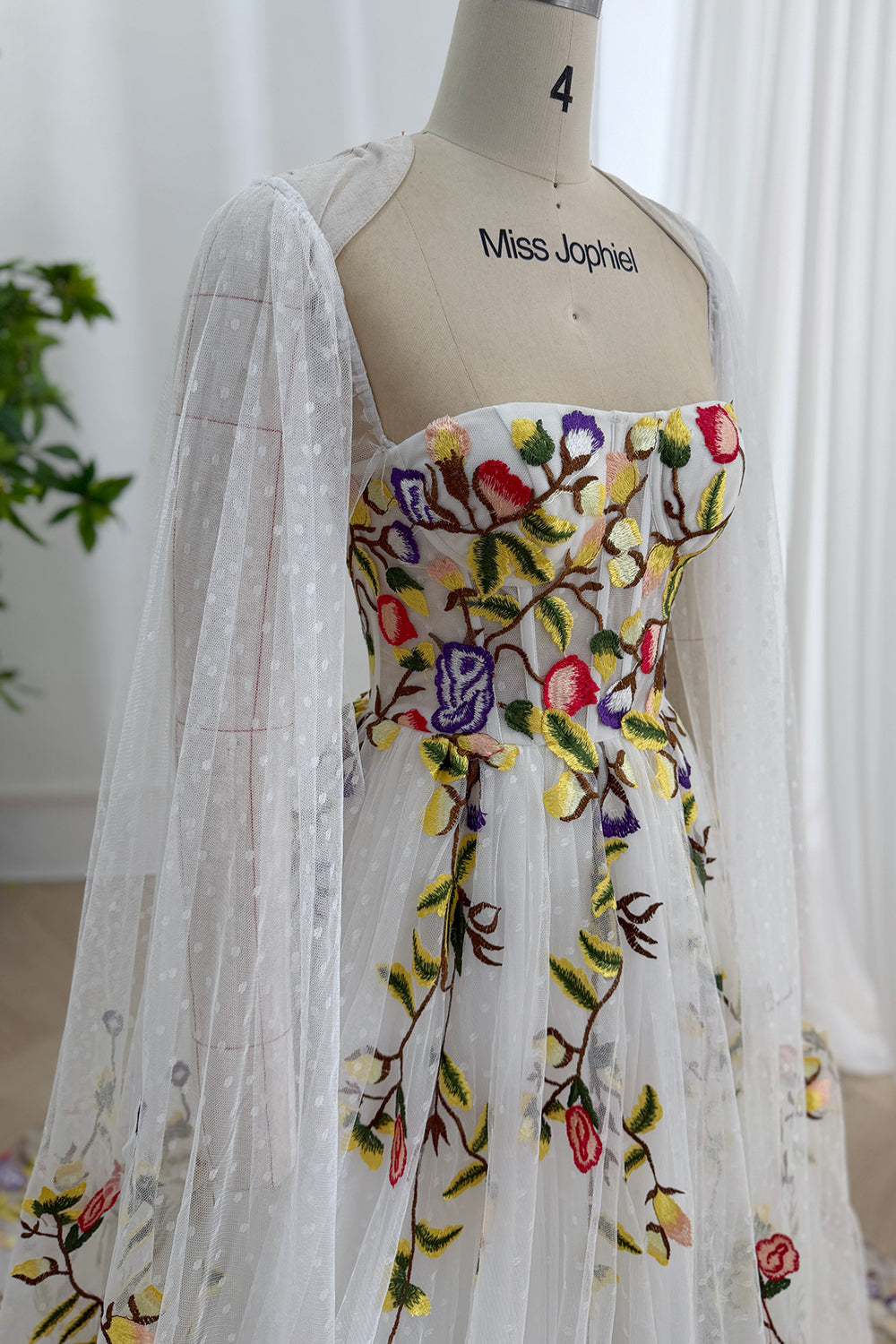 Corset Colorful Floral Embroidery Wedding Dress with Cape