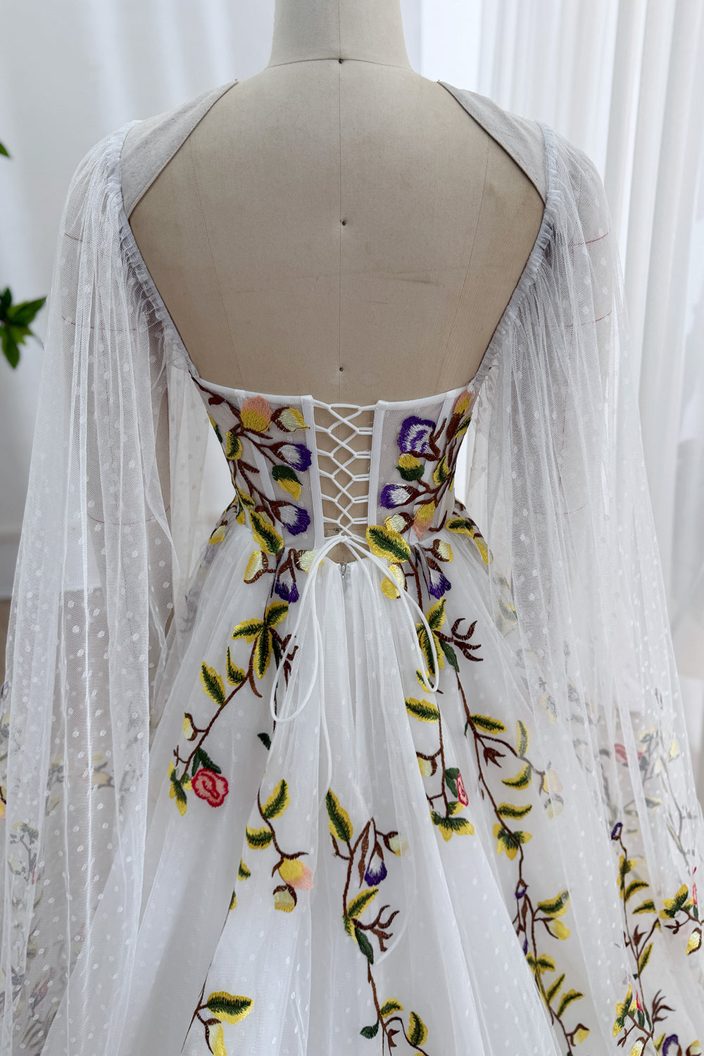 Corset Colorful Floral Embroidery Wedding Dress with Cape
