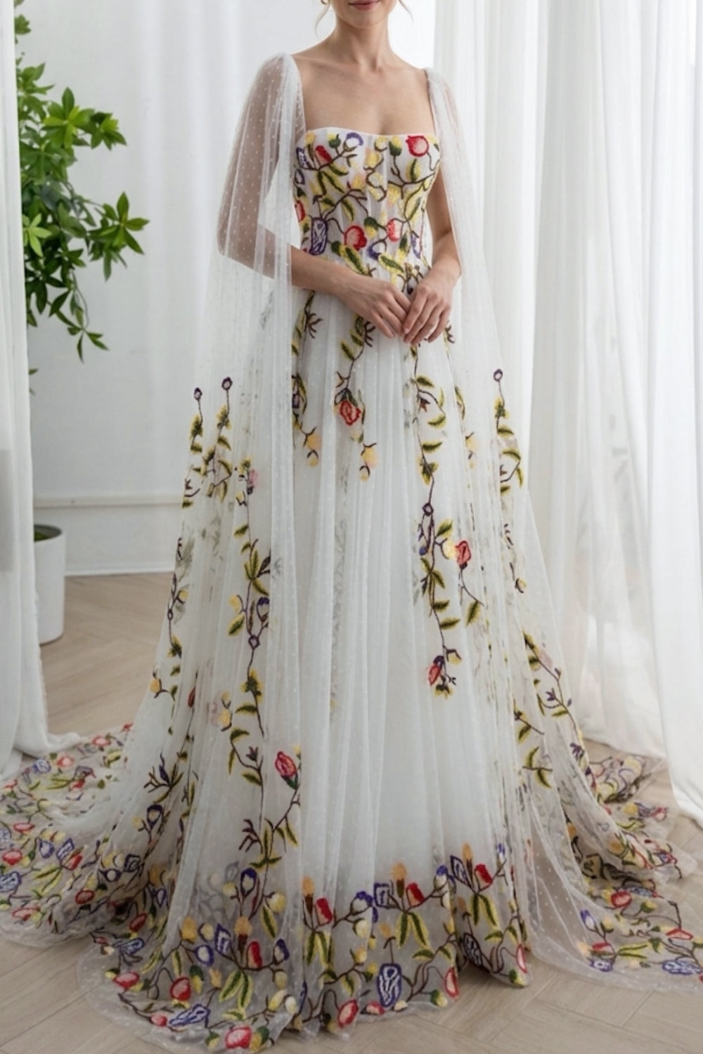 embroidered colorful wedding dress Colorful Floral Wedding Dress With Wildflower Embroidery Boho Bridal Gown With Detachable off the Shoulder Sleeves A-line Chiffon Dress