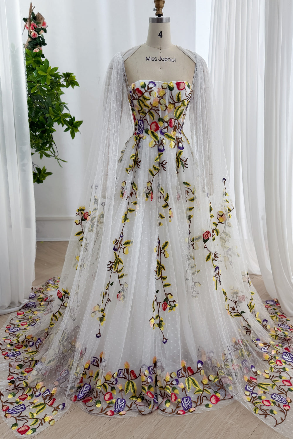 MissJophiel Colorful Floral Embroidery Wedding Dress with Cape