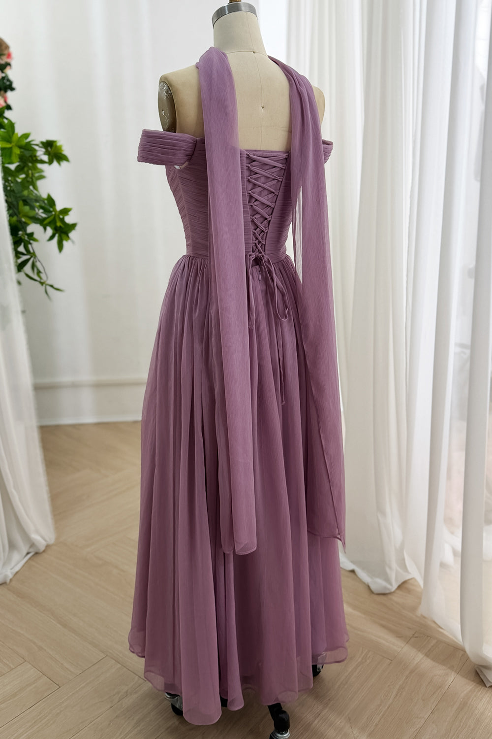 Dusty Lavender Off Shoulder Chiffon Bridesmaid Dress Wisteria / Tea Length / US16