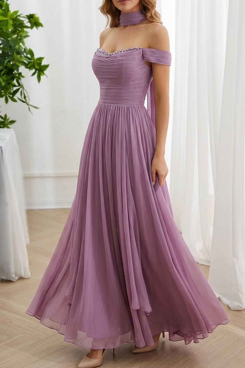 Model wears muted orchid Aline gown, sparkling décolletage edge, flowing hemline, elegant celebration attire