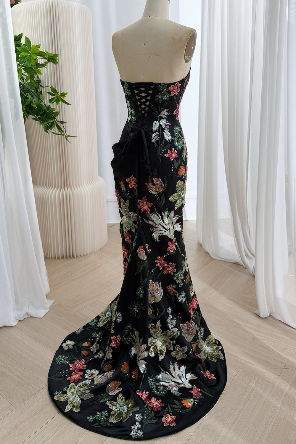 Black Floral Embroidered Strapless Mermaid Prom Dress with Slit