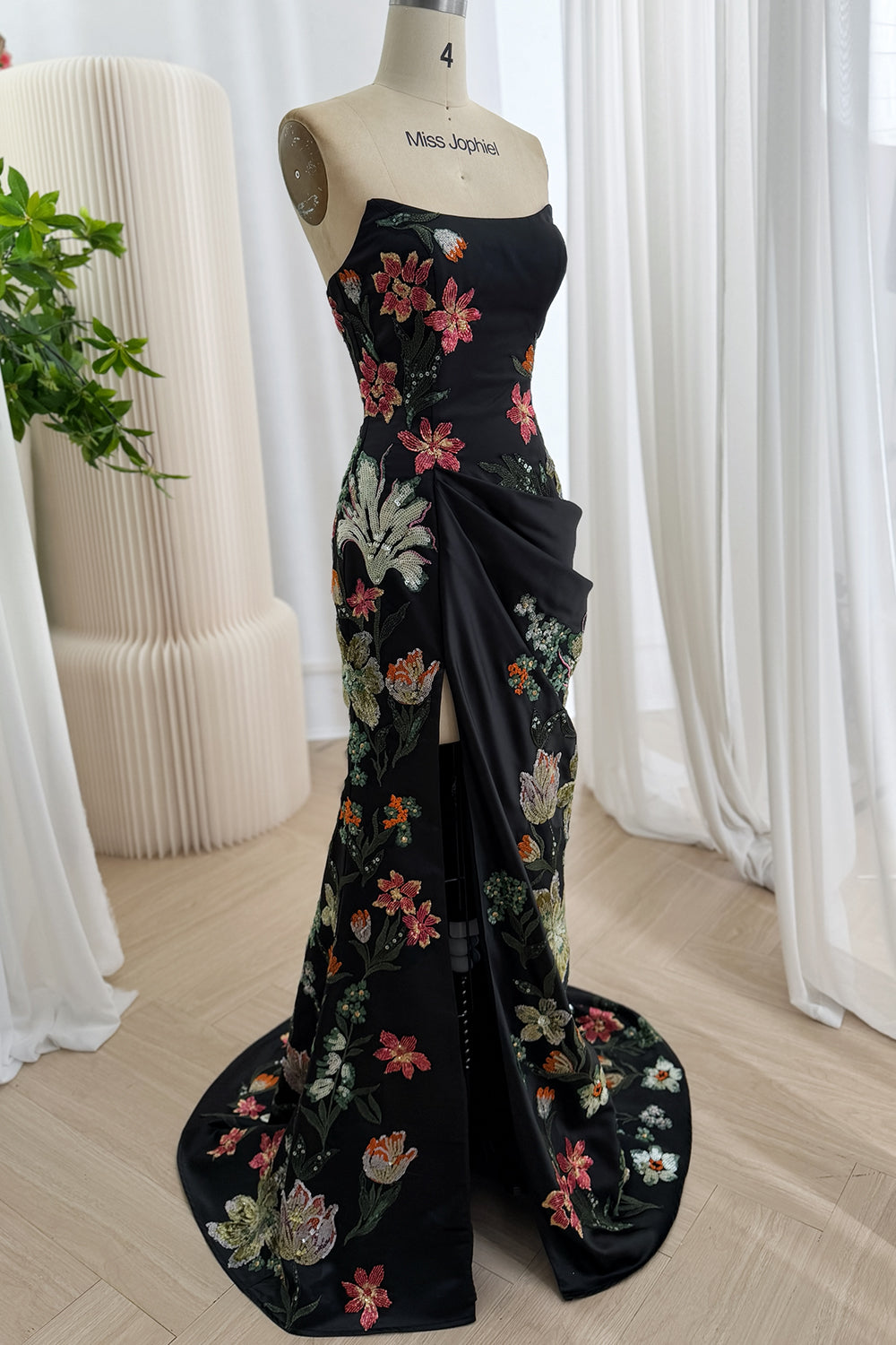 Black Floral Embroidered Strapless Mermaid Prom Dress with Slit