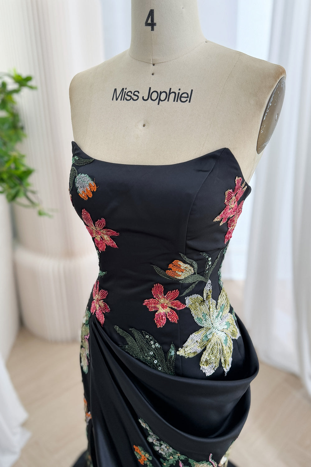 Black Floral Embroidered Strapless Mermaid Prom Dress with Slit