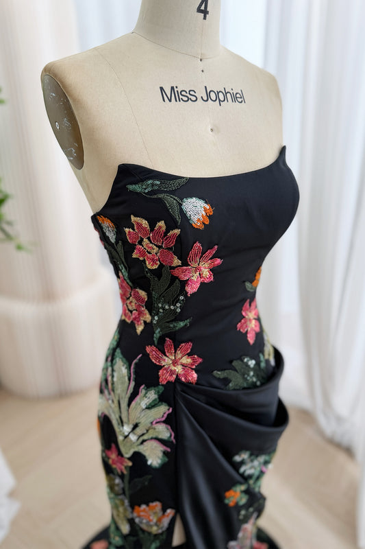 Black Floral Embroidered Strapless Mermaid Prom Dress with Slit