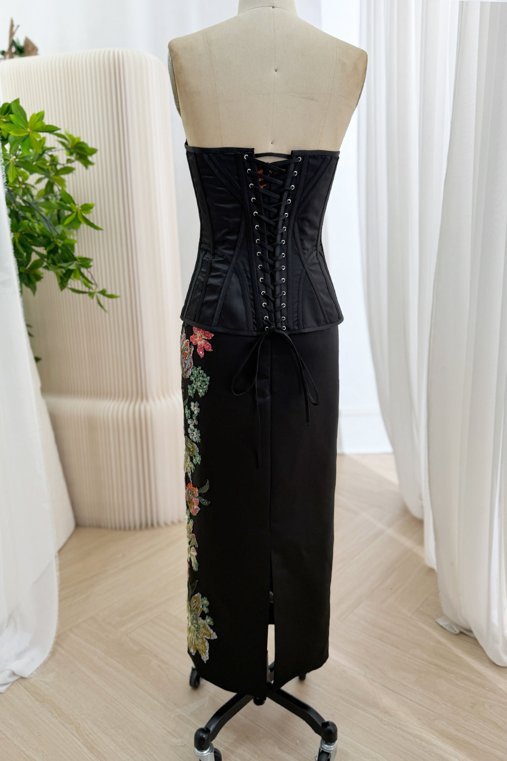 Black Floral Embroidered Maxi Dress with Detachable Corset Top
