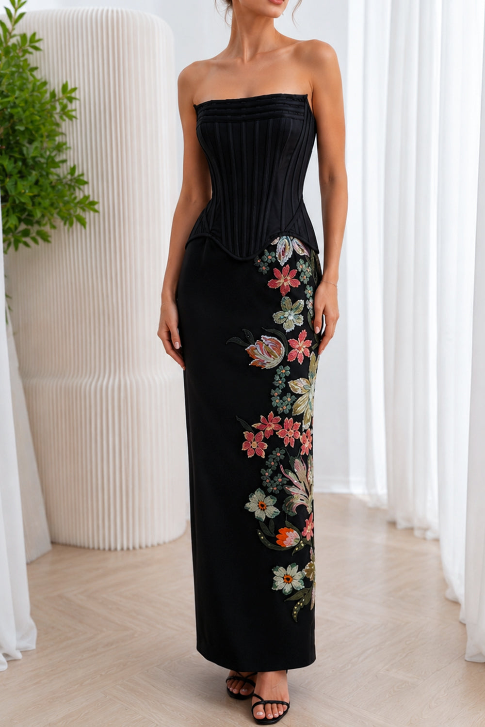 Black Floral Embroidered Maxi Dress with Detachable Corset Top