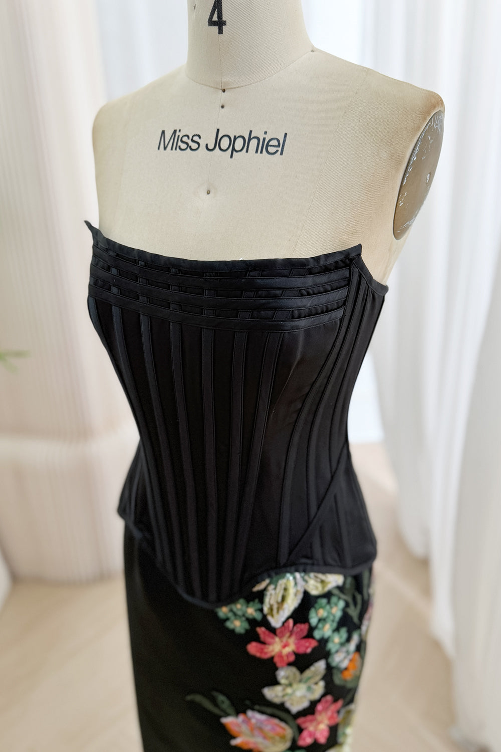 Black Floral Embroidered Maxi Dress with Detachable Corset Top