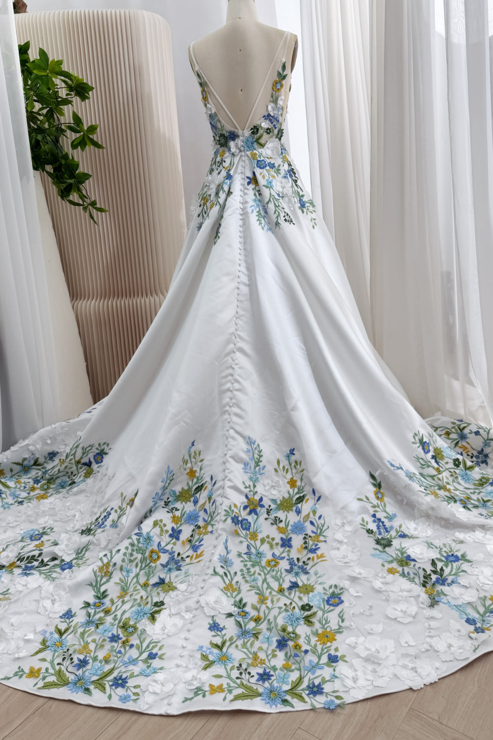 Blue Floral Embroidered A-Line Wedding Dress