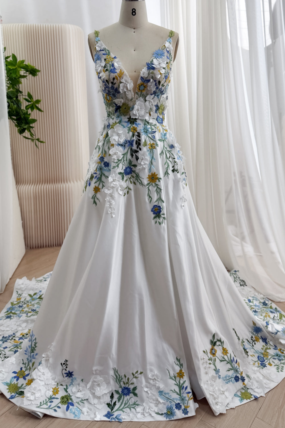 Blue Floral Embroidered A-Line Wedding Dress