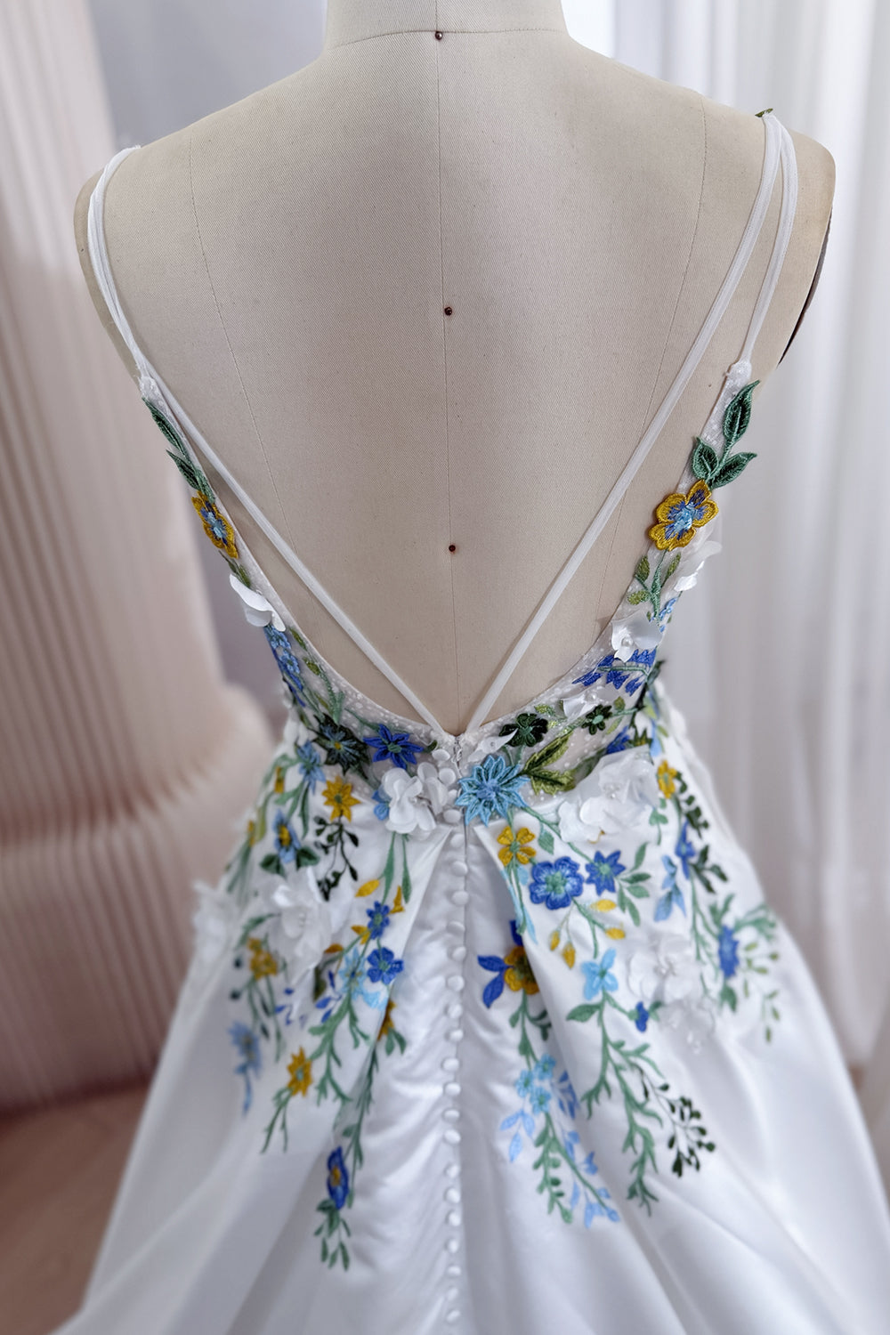 Blue Floral Embroidered A-Line Wedding Dress