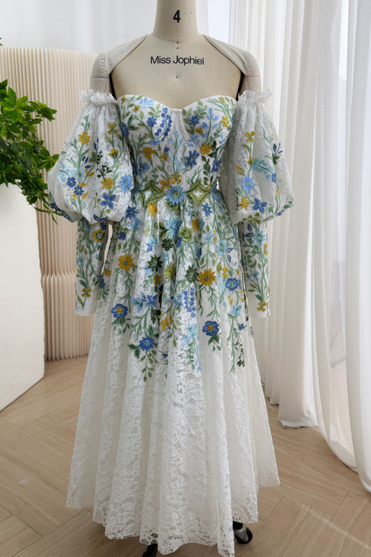 Front view: white wildflower embroidered lace tea-length gown, sweetheart corset, puff sleeves, garden wedding styling allure
