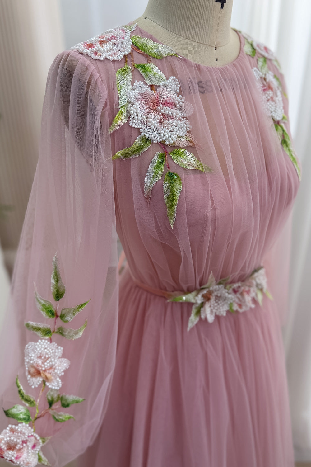 Dusty Rose Floral Tulle Evening Gown with Long Sleeves – MissJophiel