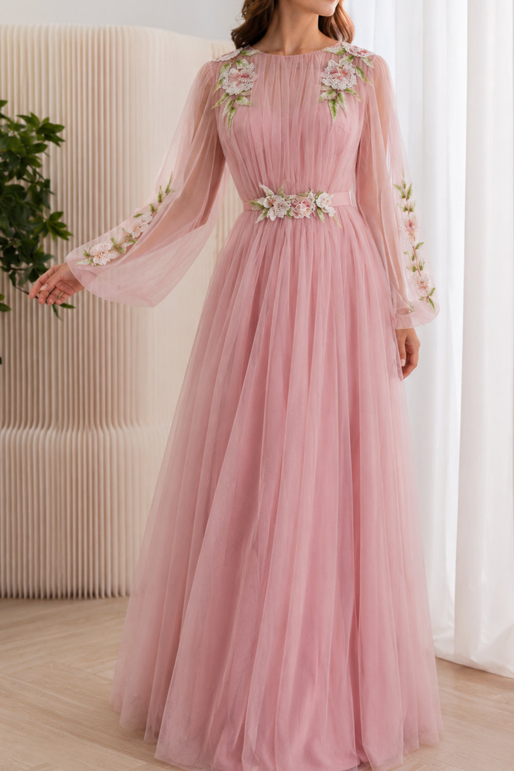 Dusty Rose Floral Beaded Tulle Long Sleeve A-Line Evening Gown