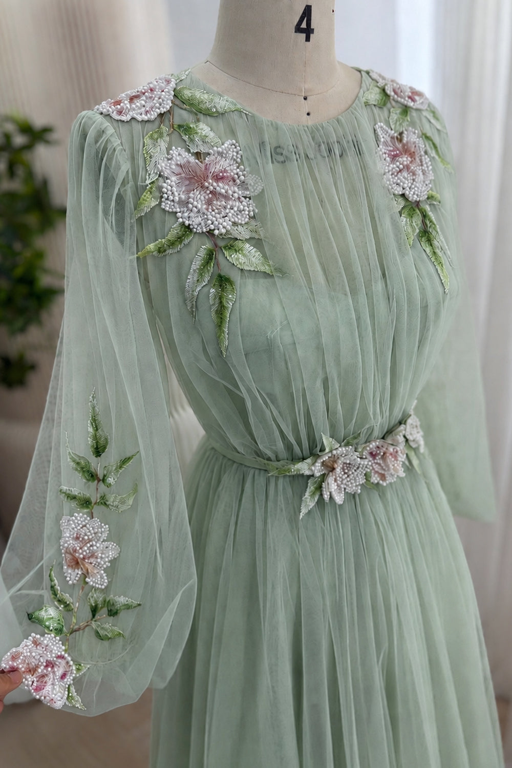 Dusty Rose Floral Beaded Tulle Long Sleeve A-Line Evening Gown