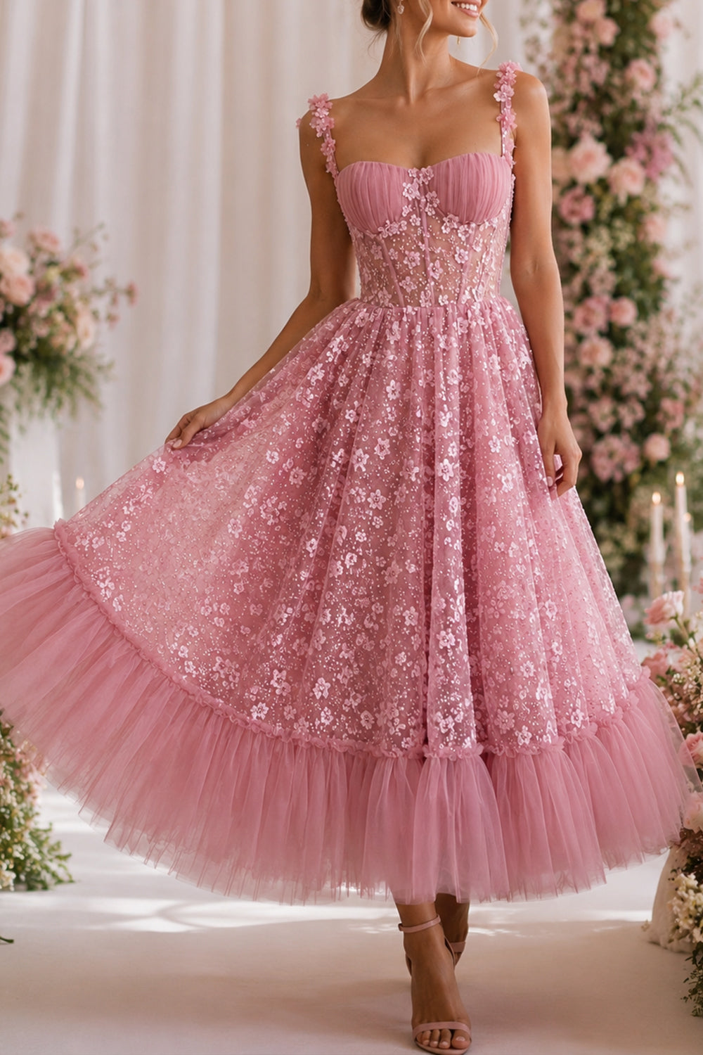Sage Green Tea-Length Floral Sequin Corset Dress