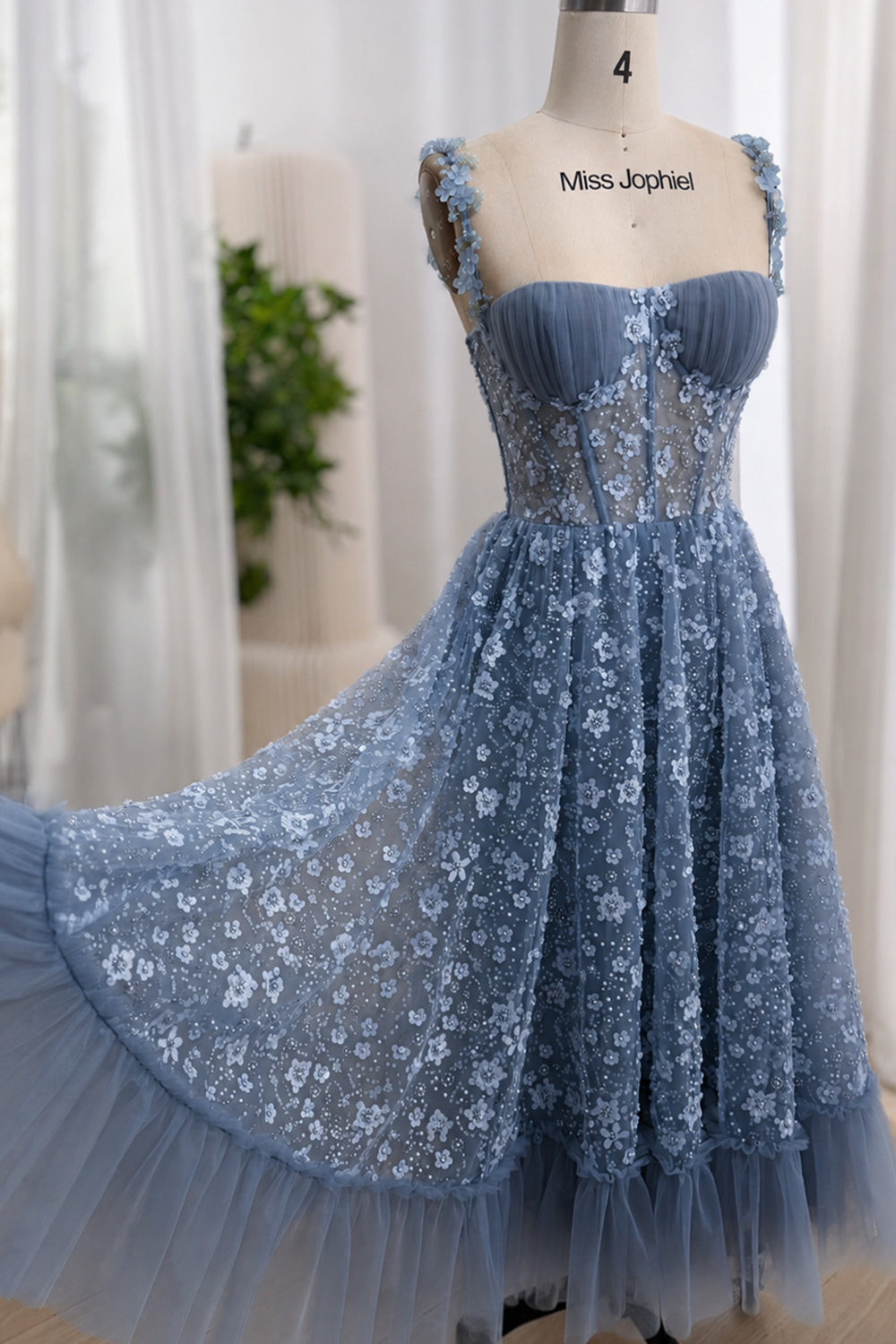 Sage Green Tea-Length Floral Sequin Corset Dress