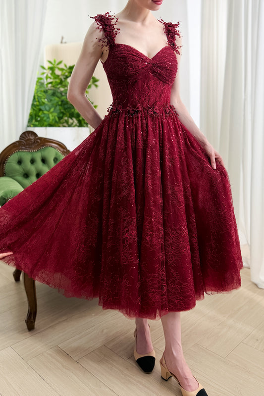 Burgundy Sequin Lace Tea-Length A-Line Dress with 3D Floral Straps
