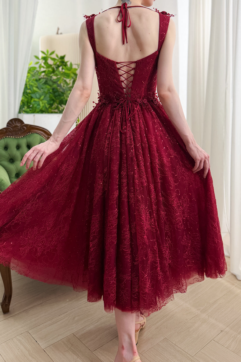 Corset Crystals Lace Midi Prom Homecoming Dress