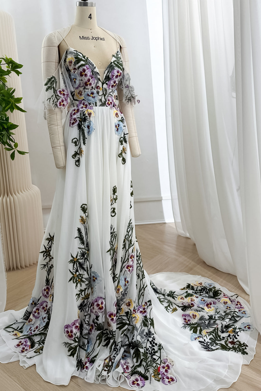 Ivory Floral Embroidered Tulle A-Line Gown with Draped Shoulder Panels