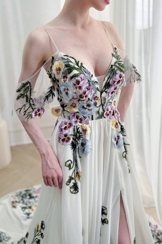 Ivory Floral Embroidered Tulle A-Line Gown with Draped Shoulder Panels