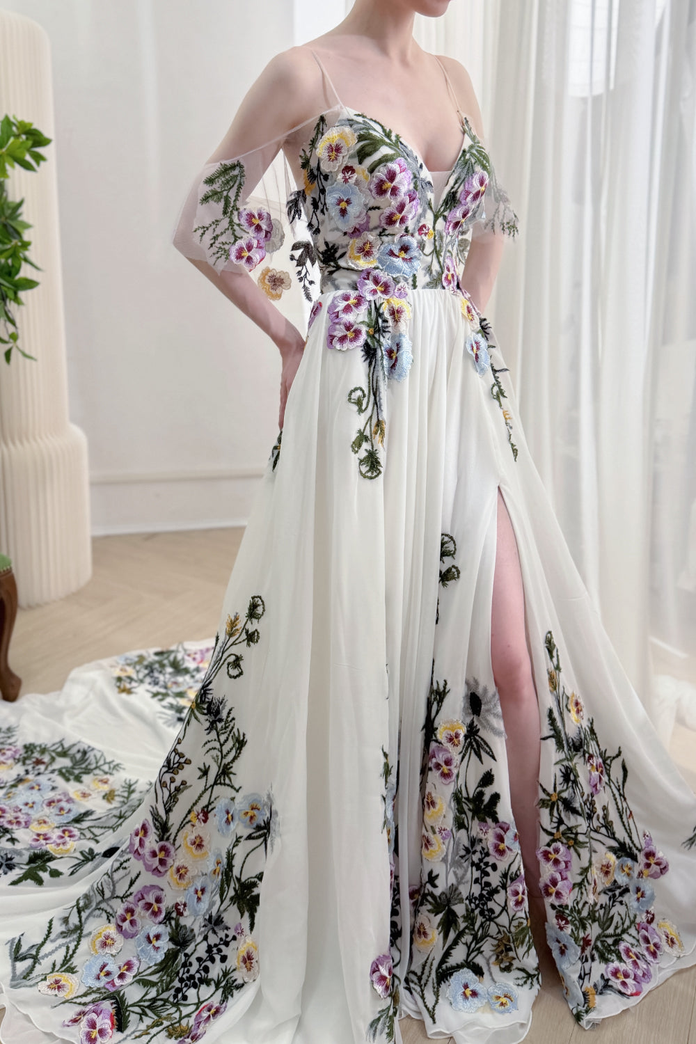 Ivory Floral Embroidered Tulle A-Line Gown with Draped Shoulder Panels