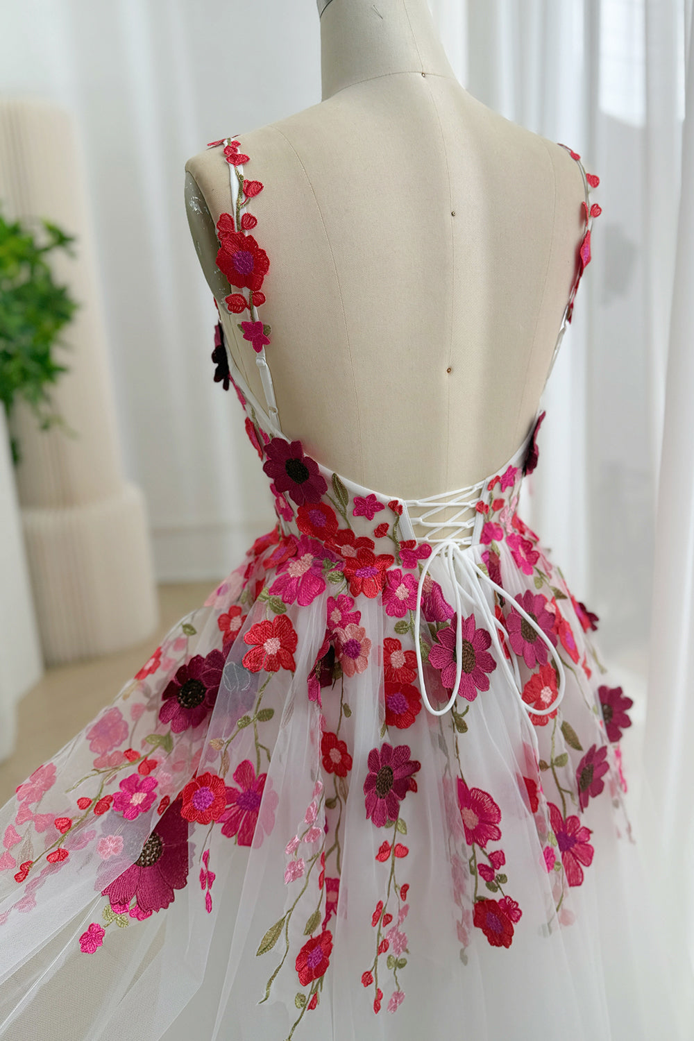 White Floor-Length Floral Embroidered Tulle A-Line Dress with Lace-Up Back
