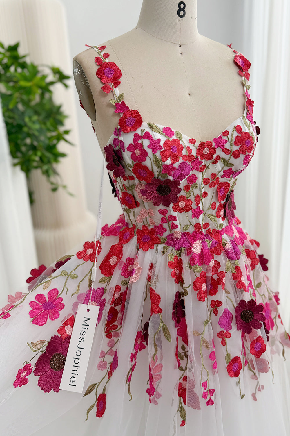 White Floor-Length Floral Embroidered Tulle A-Line Dress with Lace-Up Back