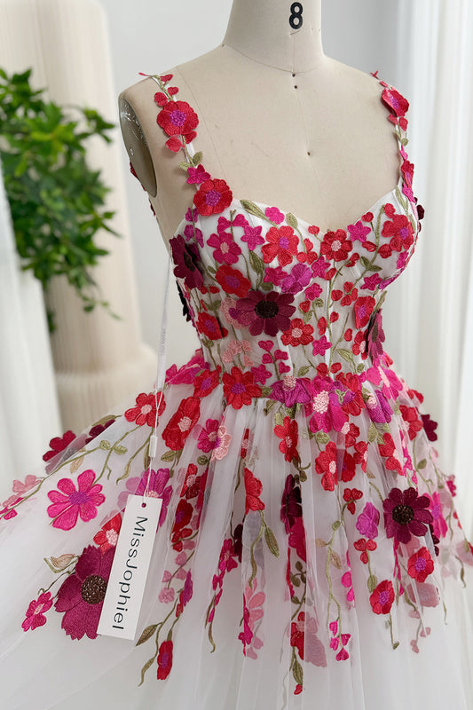 White Floor-Length Floral Embroidered Tulle A-Line Dress with Lace-Up Back