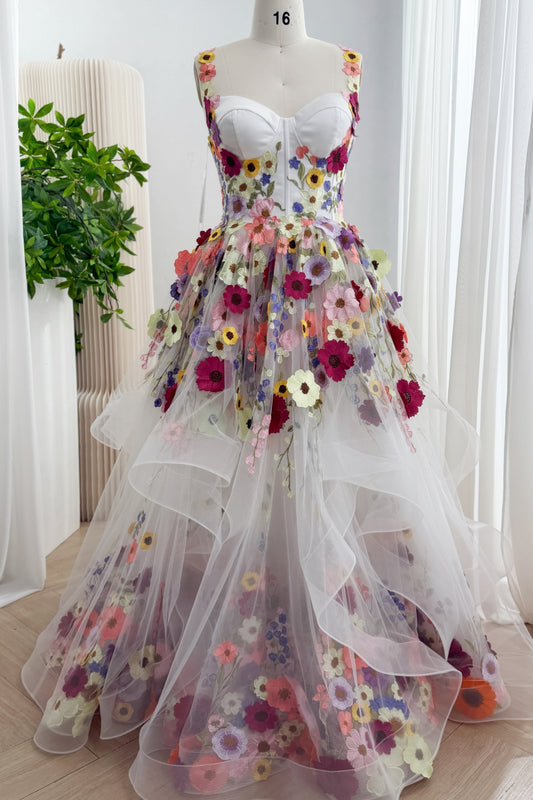 White Multicolor Floral Embroidered Tulle Floor-Length Ball Gown