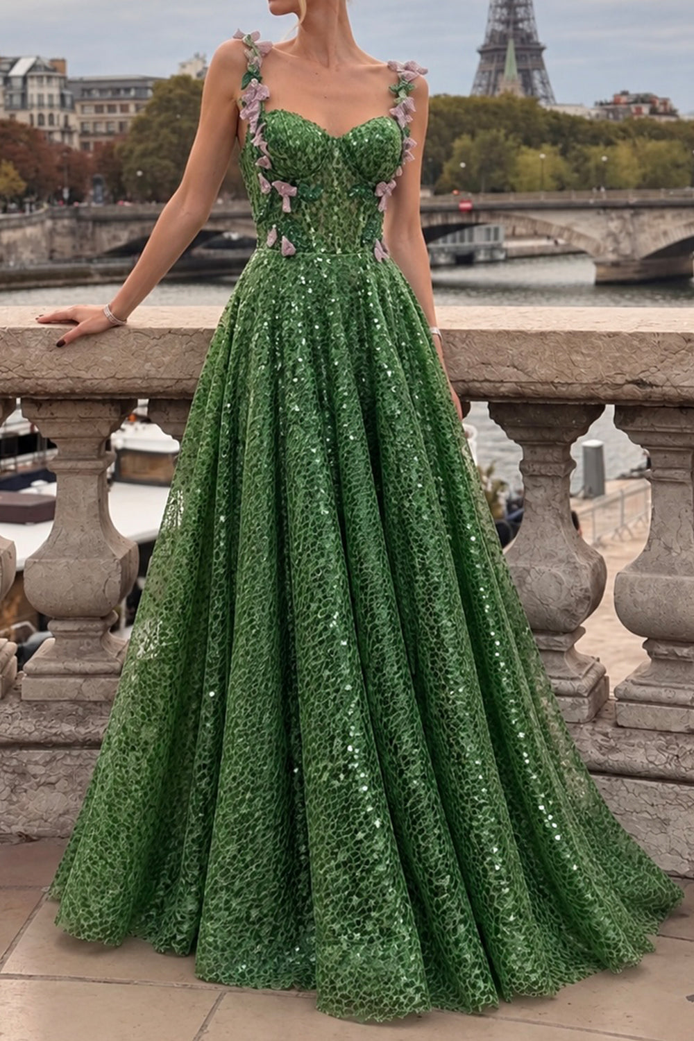Green Sequin Floral Appliqué A-Line Gown with Lace-Up Back