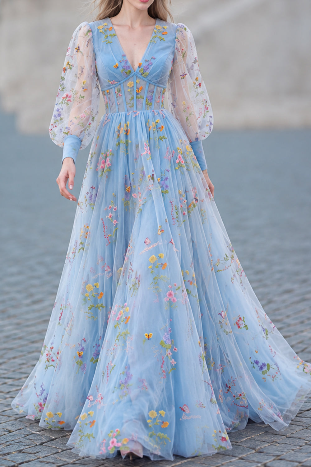 Floral Embroidered Tulle A-Line Gown with Long Sleeves