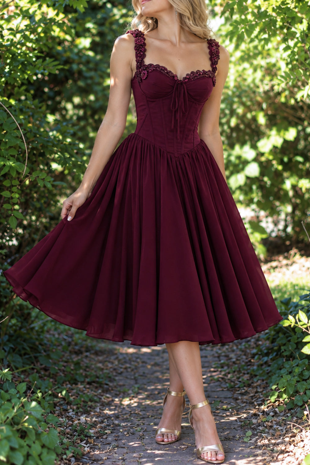 Plum Embellished Sweetheart Corset Tea-Length Dress