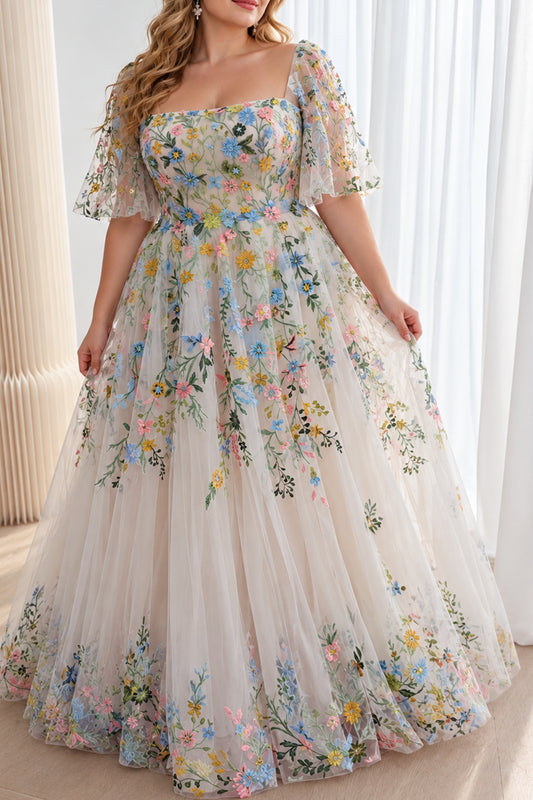 Wildflower Embroidered Tulle A-Line Gown with Sheer Puff Sleeves