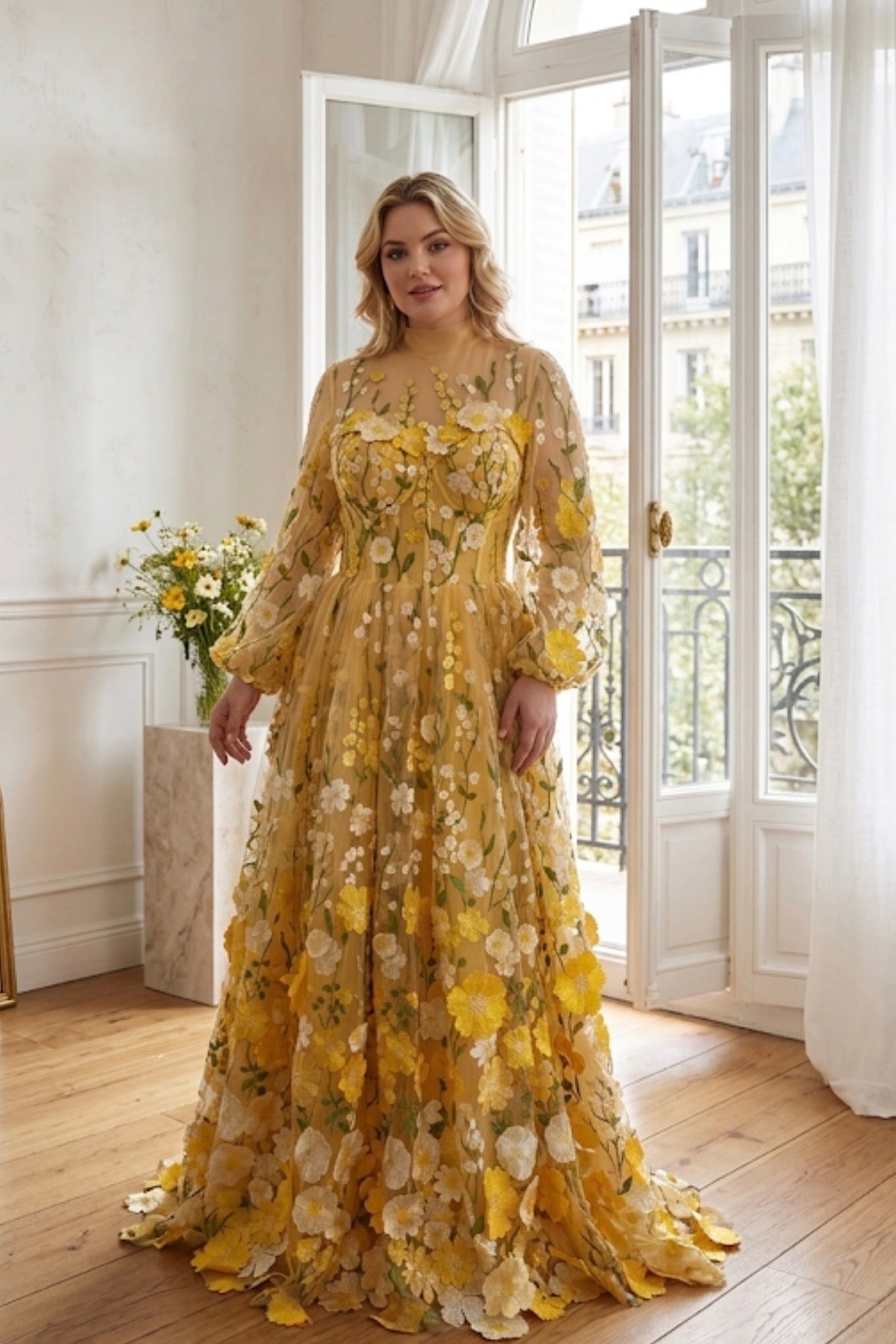 Long Sleeves High Neck Golden Floral Embroidered Long Plus Size Formal Evening Gown Modest Bridal Gown Miss Jophiel Yellow / Above Knee / US0