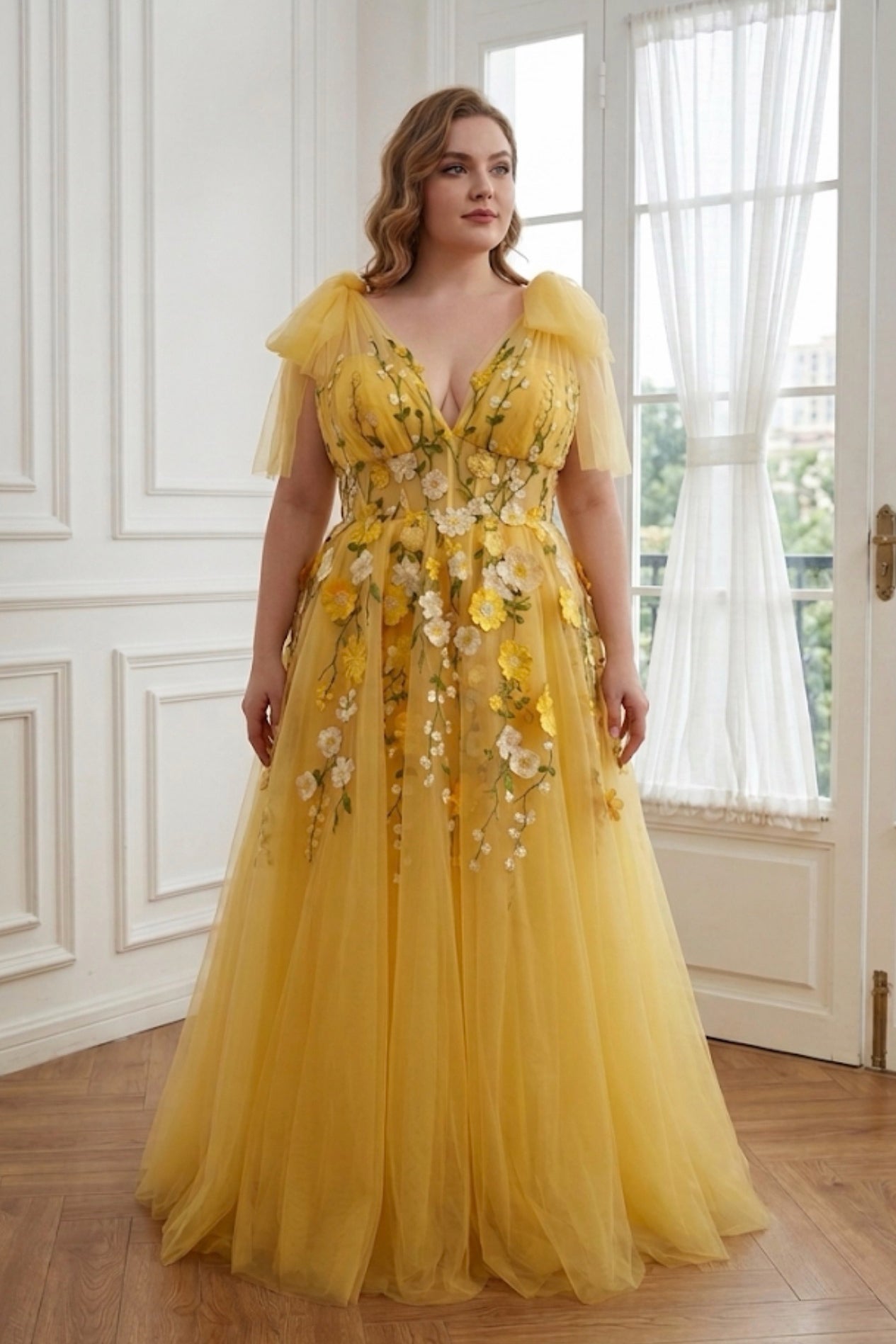 Yellow Floral Embroidered Tulle Dress with Puff Sleeves and Lace-Up Back Yellow / Floor Length / US4