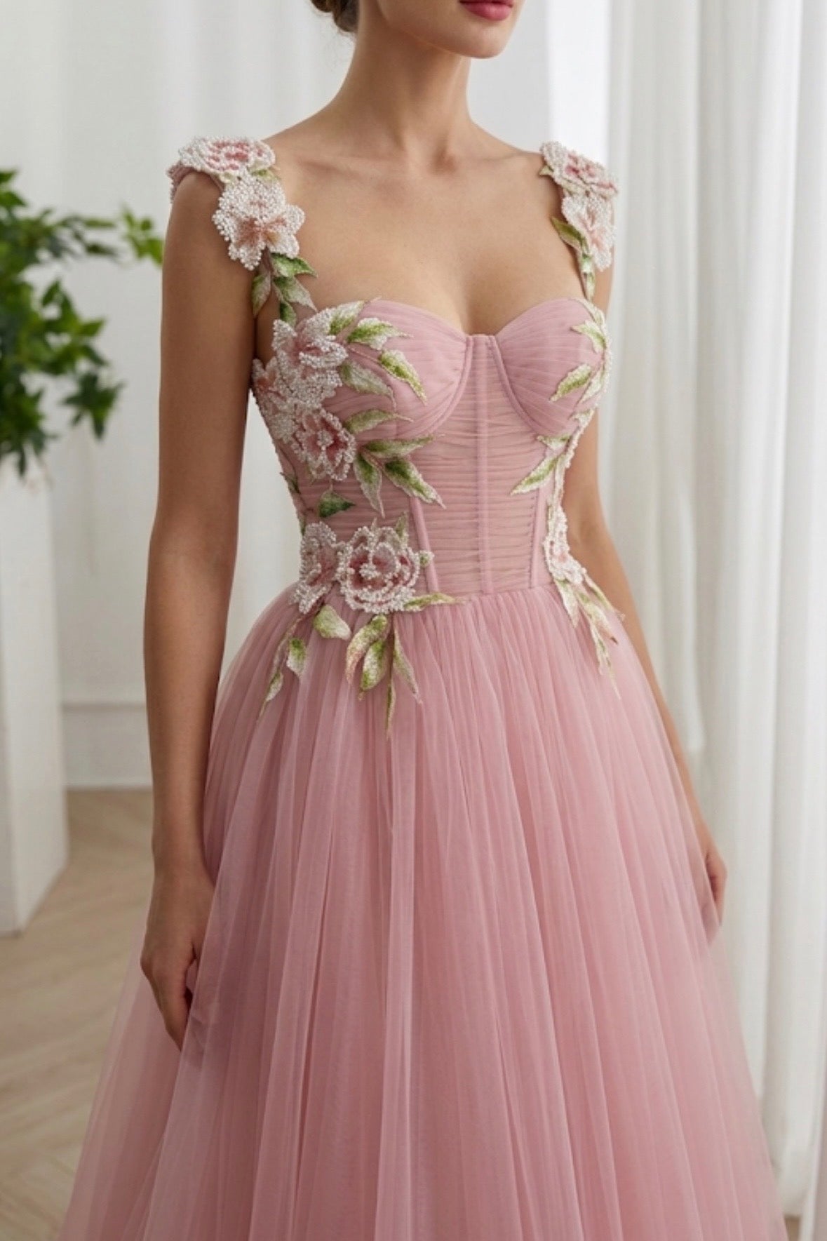 Blush Floral Corset Straps Tulle Midi Prom Homecoming Dress