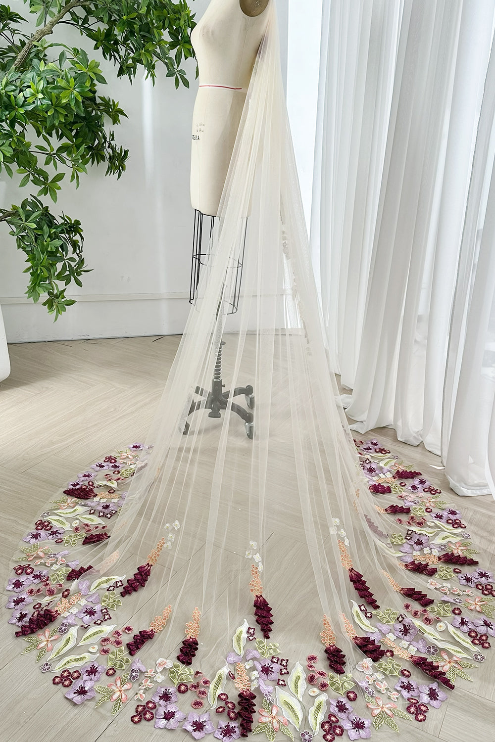 Cathedral Length Champagne Veil with 3D Floral Embroidery