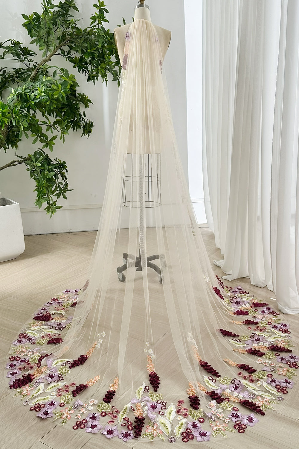 Cathedral Length Champagne Veil with 3D Floral Embroidery