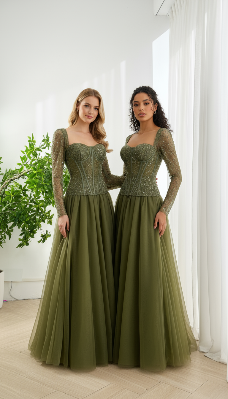 Olive Green Lace Corset Evening Gown with Long Sleeves
