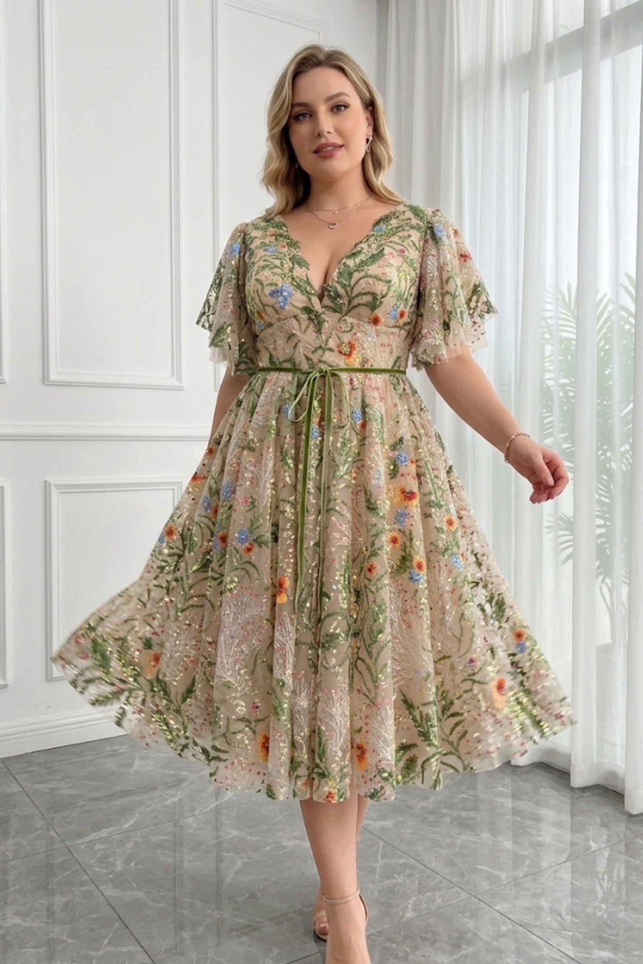 Wildflower Sequin Tulle Dress with Flutter Sleeves
