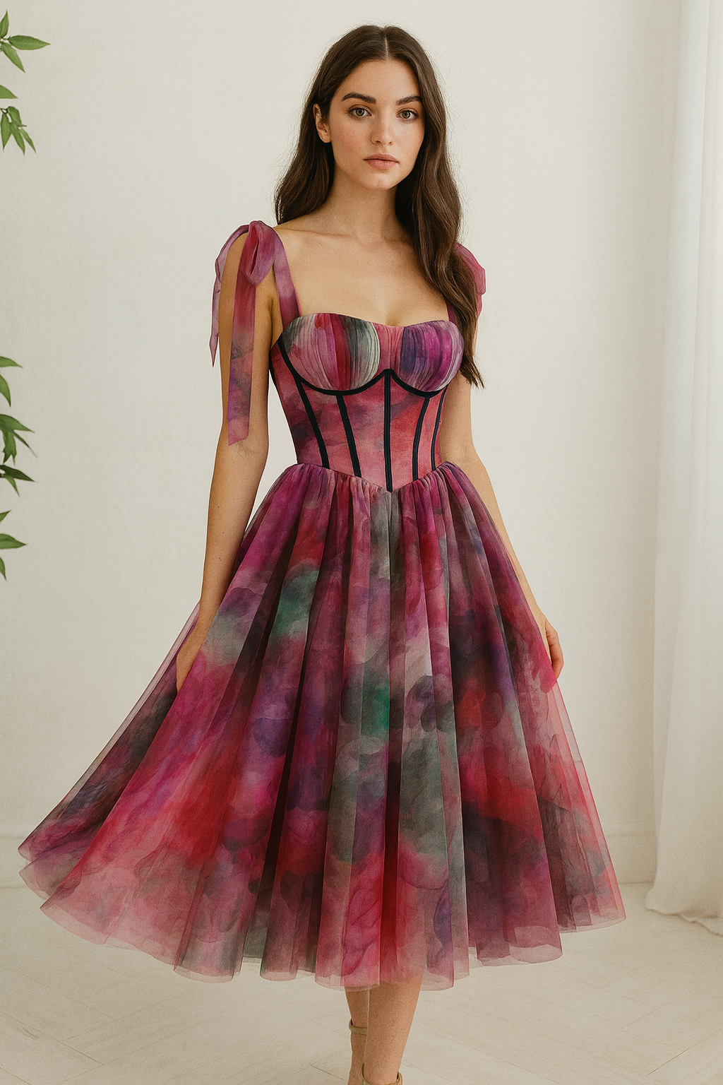 Corset Watercolor Print Tulle Dress with Tie Straps