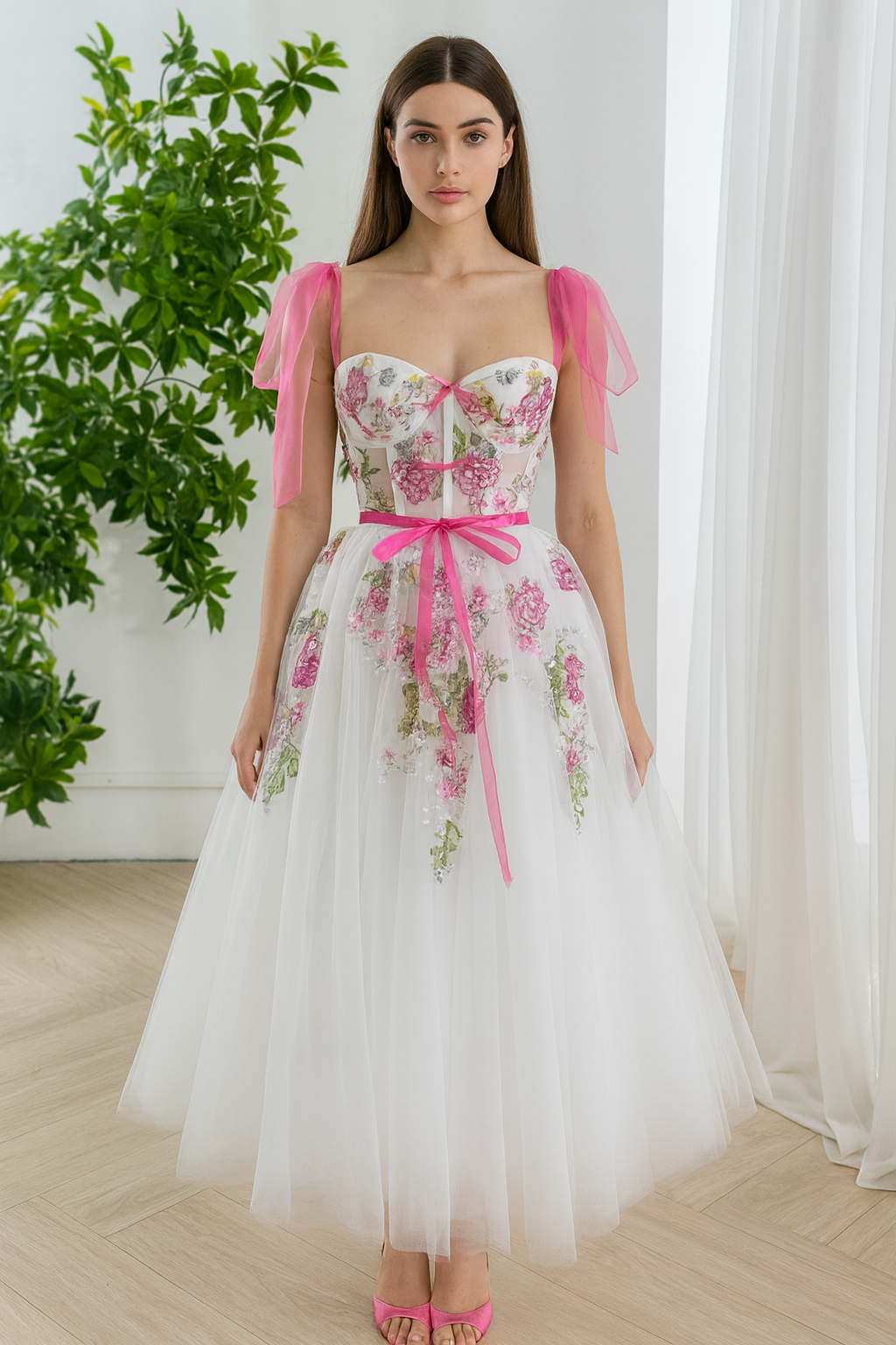 Floral Embroidered Tulle Midi Dress with Pink Ribbon Straps