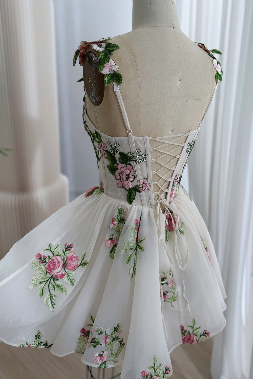 Spaghetti Straps V Neck Corset Mini Floral Wedding Dress