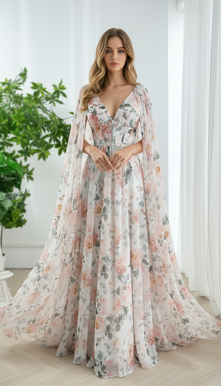 Floral Chiffon V-Neck Corset Gown with Cape Sleeves | Miss Jophiel Peach Blush Watercolor Floral / Above Knee / US16 Floral Chiffon V-Neck Corset Gown with Cape Sleeves | Miss Jophiel Peach Blush Watercolor Floral / Above Knee / US16
